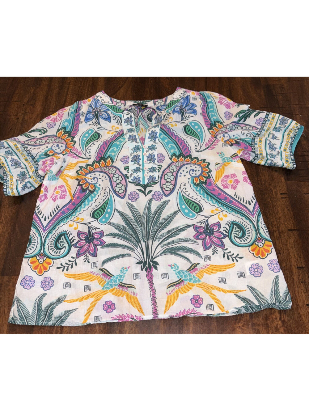 Talbots Tropical Blouse SP Small Petite Cotton Floral Puff Sleeve Popover Top